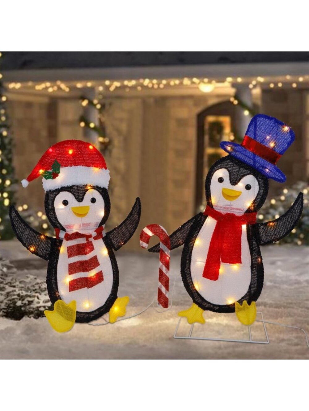 Set of 2 Lighted Tinsel Penguins - Pre-Lit 2D Holiday Decor for Indoor/Outdoor